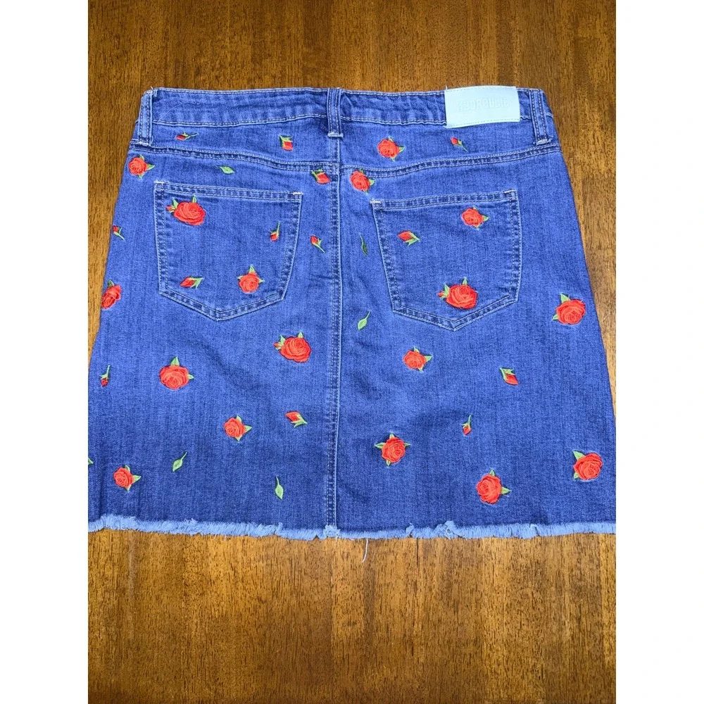 Hydraulic Denim Skirt Women 12 Blue Excellent Rose Embroidered Raw Hem Mini